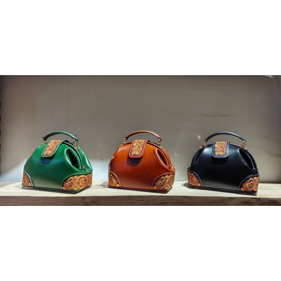 Genuine Leather Carved Flower Western Crossbody Purse Handmade Bags Dumpling Bag Body Bag for Women