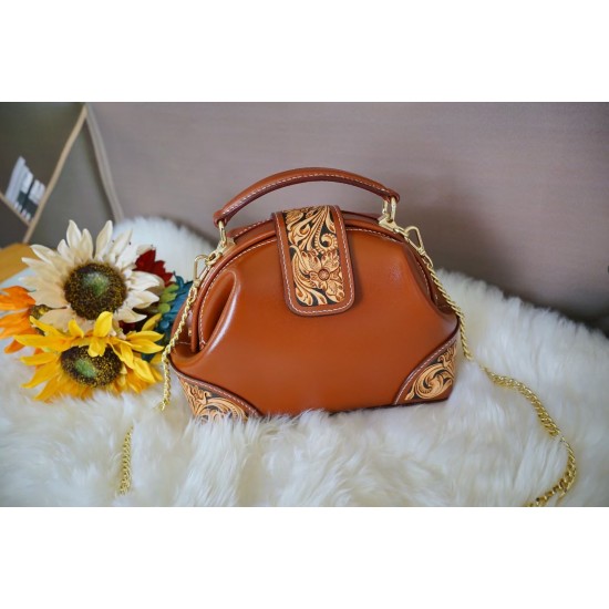 Genuine Leather Carved Flower Western Crossbody Purse Handmade Bags Dumpling Bag Body Bag for Women