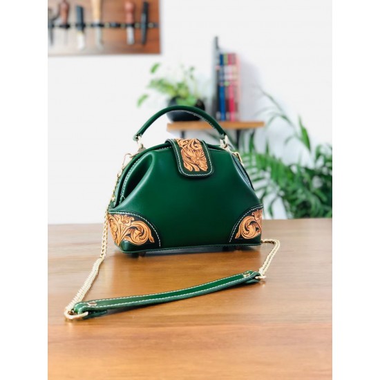 Genuine Leather Carved Flower Western Crossbody Purse Handmade Bags Dumpling Bag Body Bag for Women