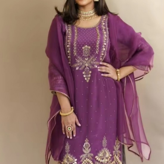 NEW--BEAUTIFUL KURTA,PANT & DUPATTA CASUAL DRESS WITH EMBELLISHED BEAUTIFUL ZARI ZARDOZI EMBROIDERY WORK for PARTY-WEAR =2024