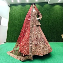 Luxurious Velvet Peplum Bridal Lehenga Set with Heavy Zarkan Stones Full Bridal Dupatta & Flared Lehenga for Wedding & Party