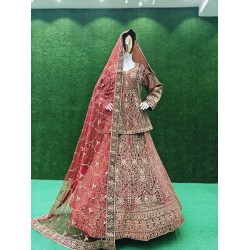 Luxurious Velvet Peplum Bridal Lehenga Set with Heavy Zarkan Stones Full Bridal Dupatta & Flared Lehenga for Wedding & Party