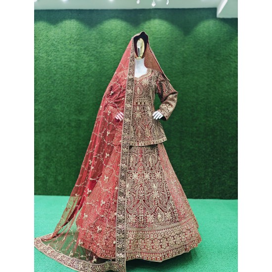 Luxurious Velvet Peplum Bridal Lehenga Set with Heavy Zarkan Stones Full Bridal Dupatta & Flared Lehenga for Wedding & Party