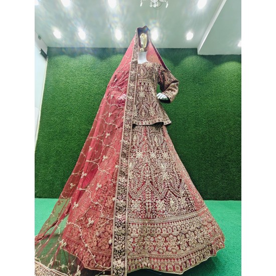 Luxurious Velvet Peplum Bridal Lehenga Set with Heavy Zarkan Stones Full Bridal Dupatta & Flared Lehenga for Wedding & Party