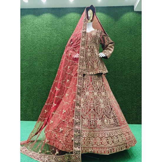Luxurious Velvet Peplum Bridal Lehenga Set with Heavy Zarkan Stones Full Bridal Dupatta & Flared Lehenga for Wedding & Party
