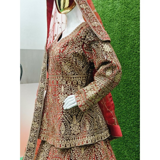 Luxurious Velvet Peplum Bridal Lehenga Set with Heavy Zarkan Stones Full Bridal Dupatta & Flared Lehenga for Wedding & Party