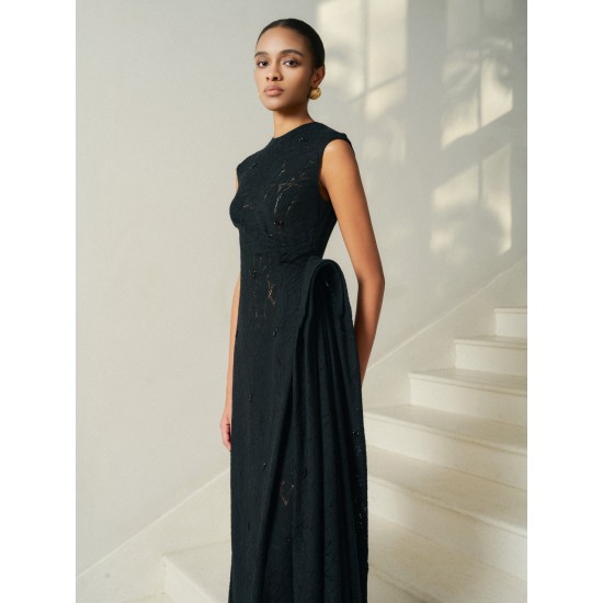 High-End Fashion Dresses Women Midi Shape Nella Emb Lace Draped Midi Dress High-Quality Clothes Women Whiteant Local Brand