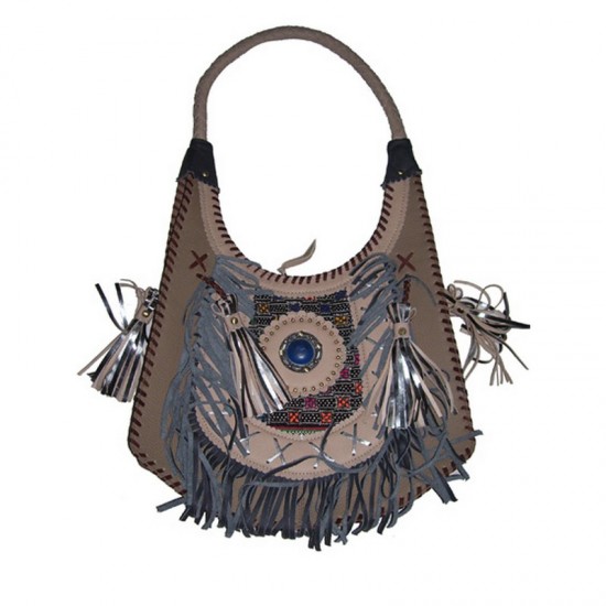 Boho Tribal Leather Banjara Shoulder Bag with Suede Fringe Handcrafted Ethnic Style for Women