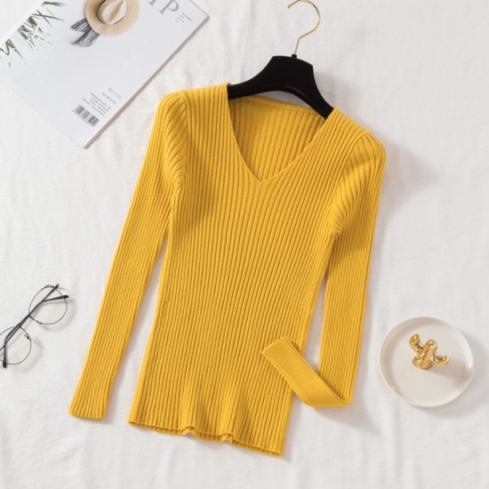 Autumn Winter Women's Basic Solid Jersey Tops Casual Long Sleeve Knitted V Neck Pullover Sweater Yellow One Size Fashion Clothes