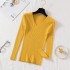 Autumn Winter Women's Basic Solid Jersey Tops Casual Long Sleeve Knitted V Neck Pullover Sweater Yellow One Size Fashion Clothes