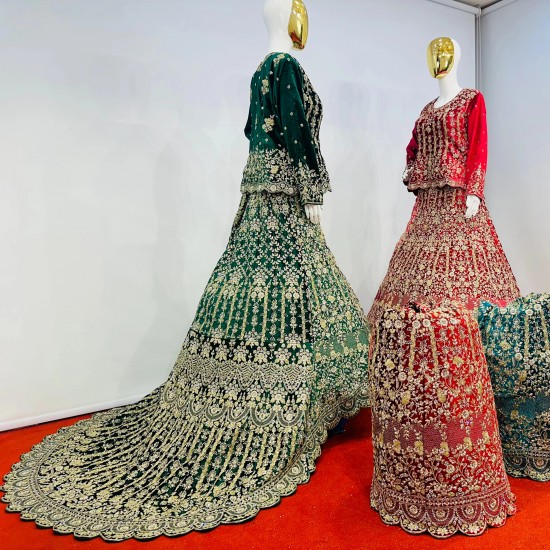 Heavy Work Velvet Crop Top Lehenga with Sparkling Jarkan Stone & Big Trail Rich Wedding Wear from Mahamantra Series