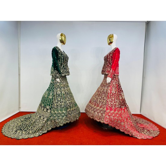 Heavy Work Velvet Crop Top Lehenga with Sparkling Jarkan Stone & Big Trail Rich Wedding Wear from Mahamantra Series