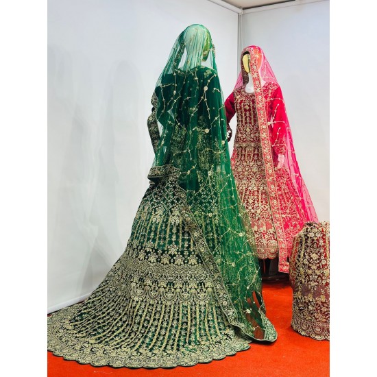 Heavy Work Velvet Crop Top Lehenga with Sparkling Jarkan Stone & Big Trail Rich Wedding Wear from Mahamantra Series