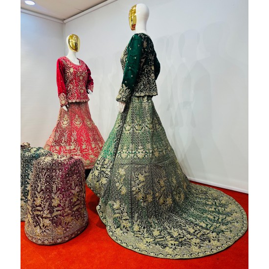 Velvet Crop Top Lehenga Choli with Heavy Work & Jarkan Shine Mahamantra Wedding Edit in 5 Regal Colors Net Fabric