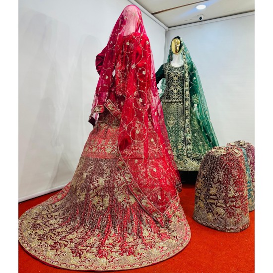 Velvet Crop Top Lehenga Choli with Heavy Work & Jarkan Shine Mahamantra Wedding Edit in 5 Regal Colors Net Fabric