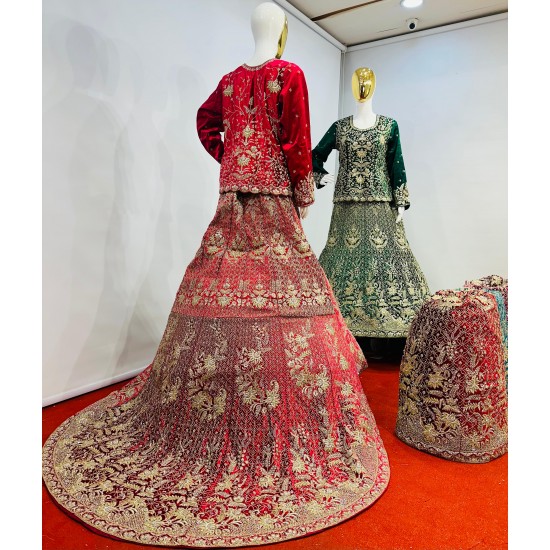 Velvet Crop Top Lehenga Choli with Heavy Work & Jarkan Shine Mahamantra Wedding Edit in 5 Regal Colors Net Fabric