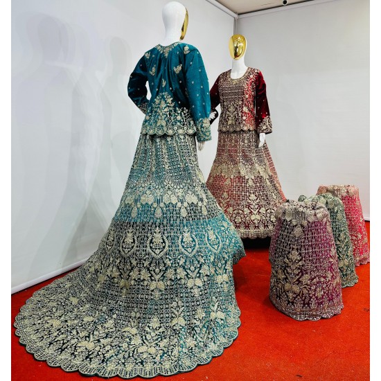 Full Heavy Work Velvet Lehenga with Crop Trail Cut & Sparkling Jarkan Stones 2025 Designer Bridal Must-Have