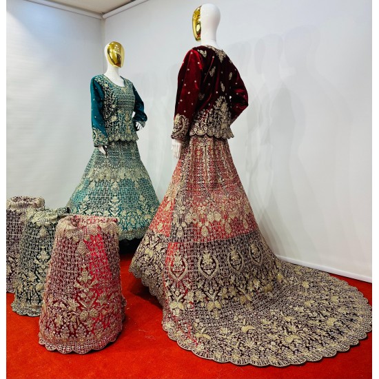 Full Heavy Work Velvet Lehenga with Crop Trail Cut & Sparkling Jarkan Stones 2025 Designer Bridal Must-Have