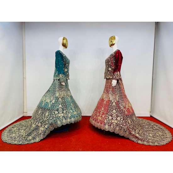 Full Heavy Work Velvet Lehenga with Crop Trail Cut & Sparkling Jarkan Stones 2025 Designer Bridal Must-Have