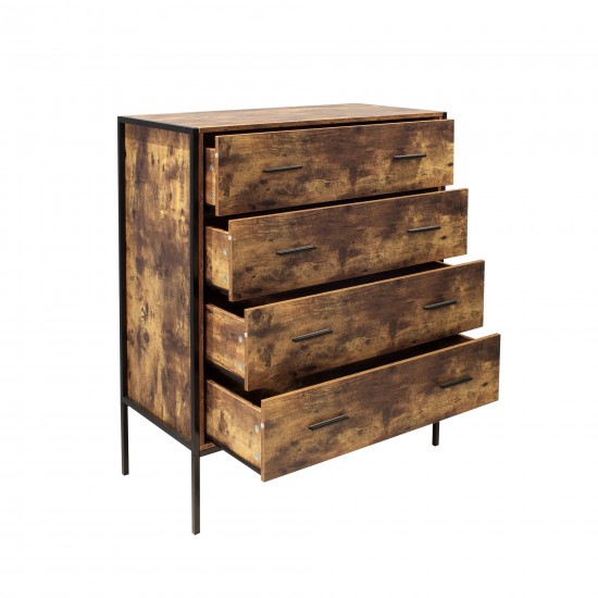 Industrial Style Rustic Brown Wood 4-Drawer Dresser Sturdy Steel Frame Clothes Organizer for Bedroom Living Room Storage Cabinet