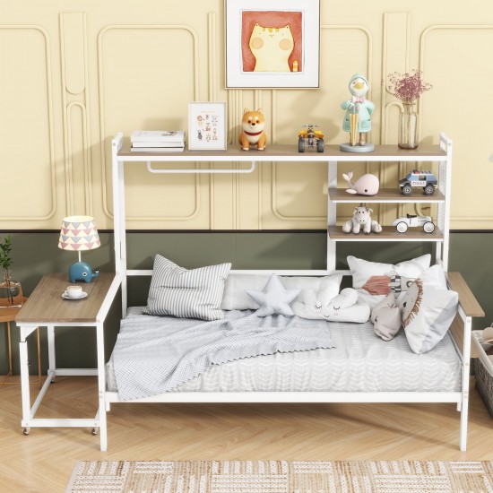 White Twin Size Metal Daybed with Movable Desk Grid Shelves Clothes Hanger