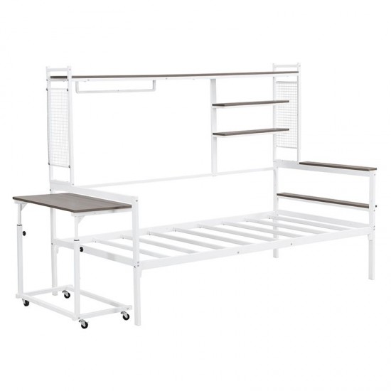 White Twin Size Metal Daybed with Movable Desk Grid Shelves Clothes Hanger