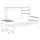 White Twin Size Metal Daybed with Movable Desk Grid Shelves Clothes Hanger