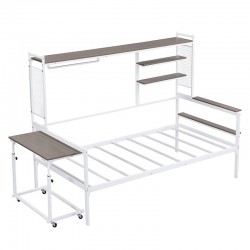 White Twin Size Metal Daybed with Movable Desk Grid Shelves Clothes Hanger