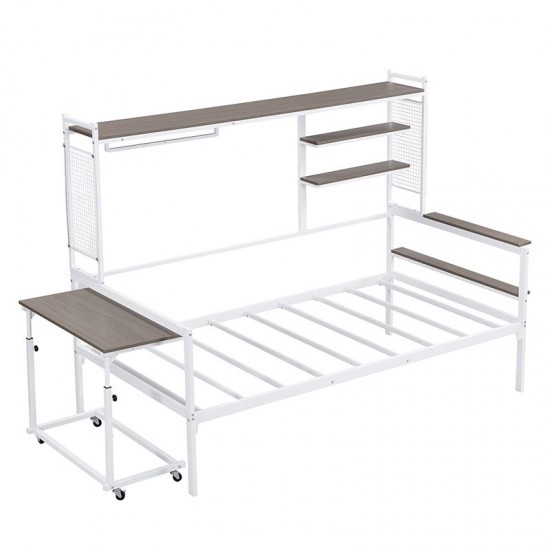 White Twin Size Metal Daybed with Movable Desk Grid Shelves Clothes Hanger