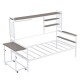 White Twin Size Metal Daybed with Movable Desk Grid Shelves Clothes Hanger