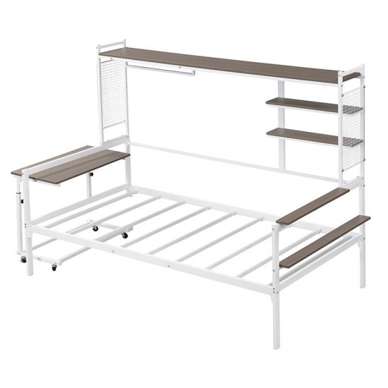 White Twin Size Metal Daybed with Movable Desk Grid Shelves Clothes Hanger