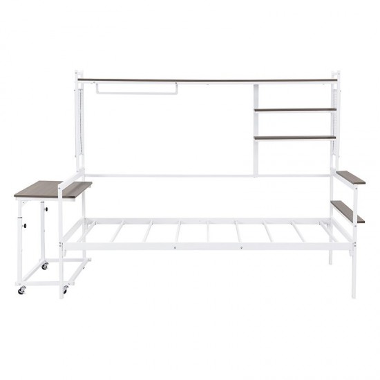 White Twin Size Metal Daybed with Movable Desk Grid Shelves Clothes Hanger