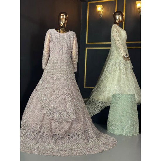 Designer Long Trail Lehenga Choli in Net Fabric with Full Heavy Work Taaj Look and Sparkling Jarkan Stone Embellishments