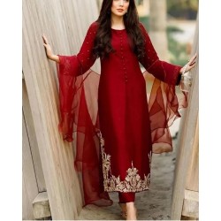 2023 Red Long Kurta with Embroidery Work and Sequins Lace Button Decorations Natural Waistline Party/Wedding Wear with Pant