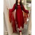 2023 Red Long Kurta with Embroidery Work and Sequins Lace Button Decorations Natural Waistline Party/Wedding Wear with Pant