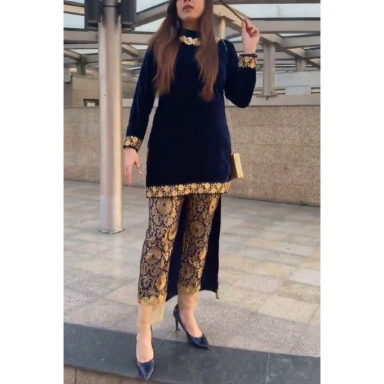 Beautiful Design 2024 Party-Wear Kurta Pant Zari Embroidery Brocade Lace Button Decor Short-Long Natural Waist Weddings Parties