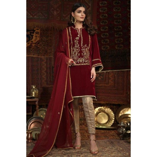 2023 New Indian and Pakistani Designer Embroidery Work on Velvet Kurta Brocade Pant Lace Button Decorated Party/Wedding Wear