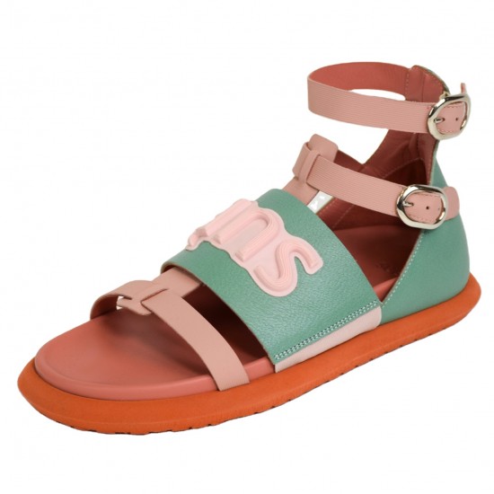 Top Quality Made in Italy Leather Two Tones Light Pink and Tiffany Color Comfortable Flat Shoes Fashion Sandals