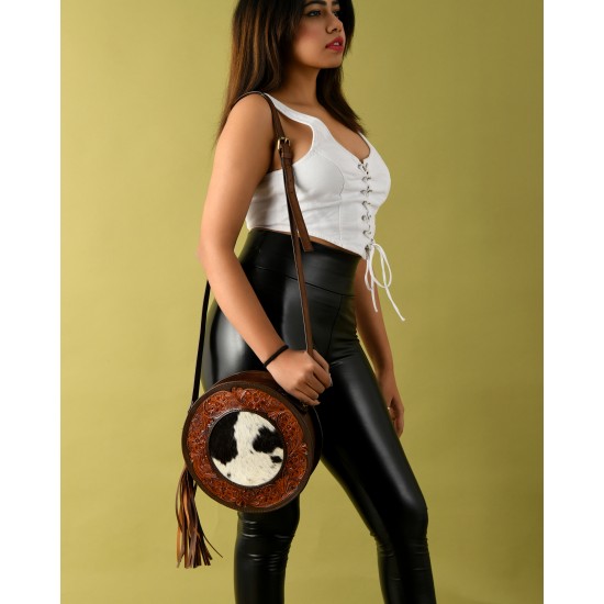 Real Leather Hair on with Hard Wax Leather Cross Body Shoulder Bags with Round Shaped for Sale  Capacity Women Tote Bag