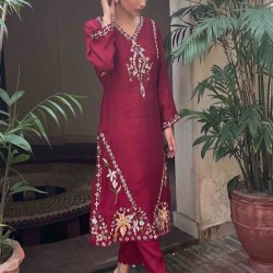 Beautiful Stylish Embroidery Work on Long Kurta & Pant Dress Indian/Pakistani Design for Party-Wear