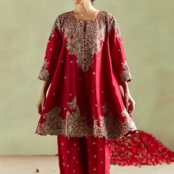 2024 Party-Wear Short Anarkali Top & Plazo Pant Dress Stunning Embroidery Crystal Glass Beads Dabka Work Mini Lace Decoration