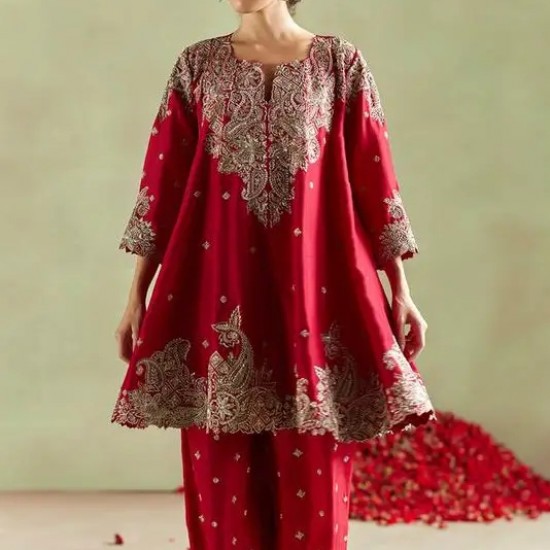 2024 Party-Wear Short Anarkali Top & Plazo Pant Dress Stunning Embroidery Crystal Glass Beads Dabka Work Mini Lace Decoration