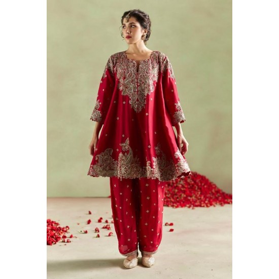 2024 Party-Wear Short Anarkali Top & Plazo Pant Dress Stunning Embroidery Crystal Glass Beads Dabka Work Mini Lace Decoration