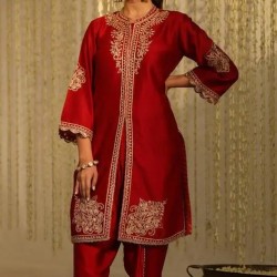 Stylish Kurta Dhoti Pant Dress 2024 New Beautiful Embroidery Work Crystal Glass Beads Dabka Lace Featuring Stylish Buttons