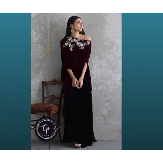 Free Shipping Beautiful Velvet Kaftan Arabian Collection Deep Orchid Color Embroidered Front Modest Evening Dress Trends by Cp