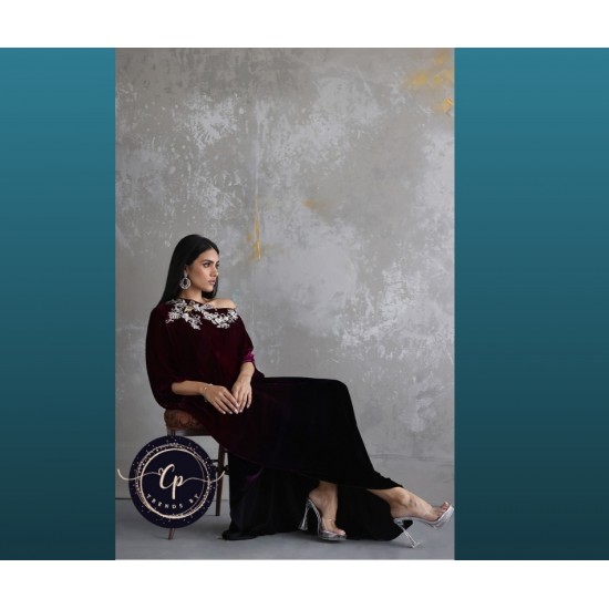 Free Shipping Beautiful Velvet Kaftan Arabian Collection Deep Orchid Color Embroidered Front Modest Evening Dress Trends by Cp