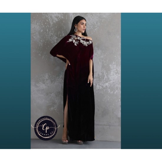 Free Shipping Beautiful Velvet Kaftan Arabian Collection Deep Orchid Color Embroidered Front Modest Evening Dress Trends by Cp