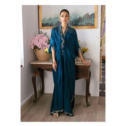 Neckline Sleeves and Floor Grazing Hem Decorated with Delicately Embroidered Subtly Shimmering Gold Borders Women Kaftan