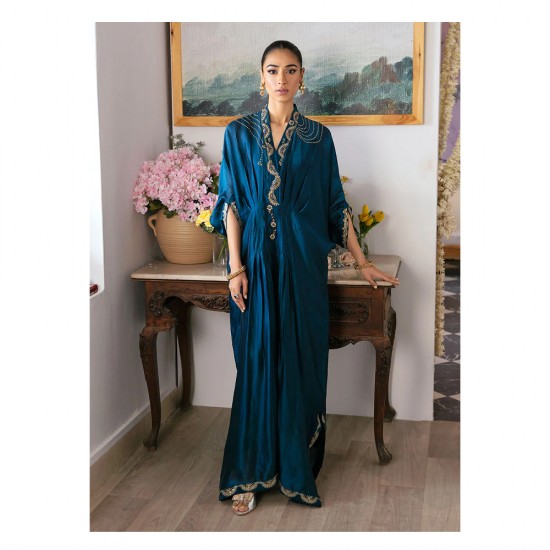 Neckline Sleeves and Floor Grazing Hem Decorated with Delicately Embroidered Subtly Shimmering Gold Borders Women Kaftan