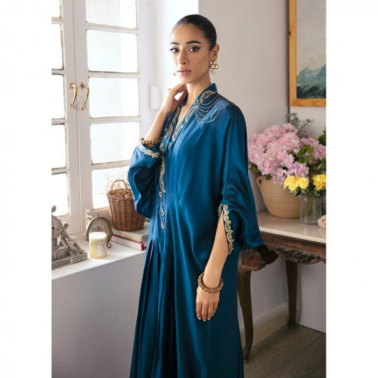 Neckline Sleeves and Floor Grazing Hem Decorated with Delicately Embroidered Subtly Shimmering Gold Borders Women Kaftan